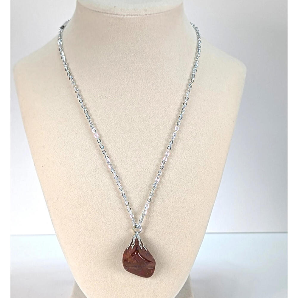 Polished Brown Multicolor Agate 20” Silvertone Chain Necklace Signed Germany